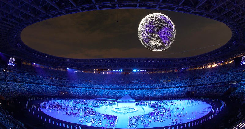 A stunning display of drone swarms at the Tokyo Olympics, raising military implications.