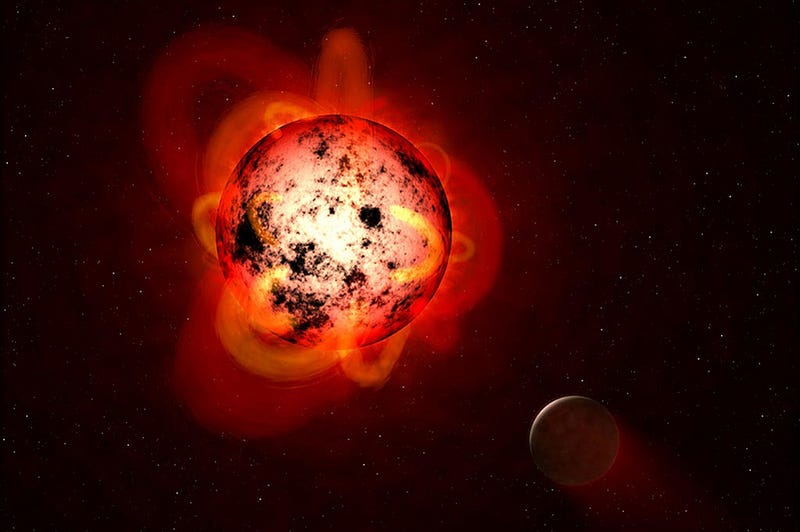 Artistic depiction of a red dwarf star with orbiting exoplanet