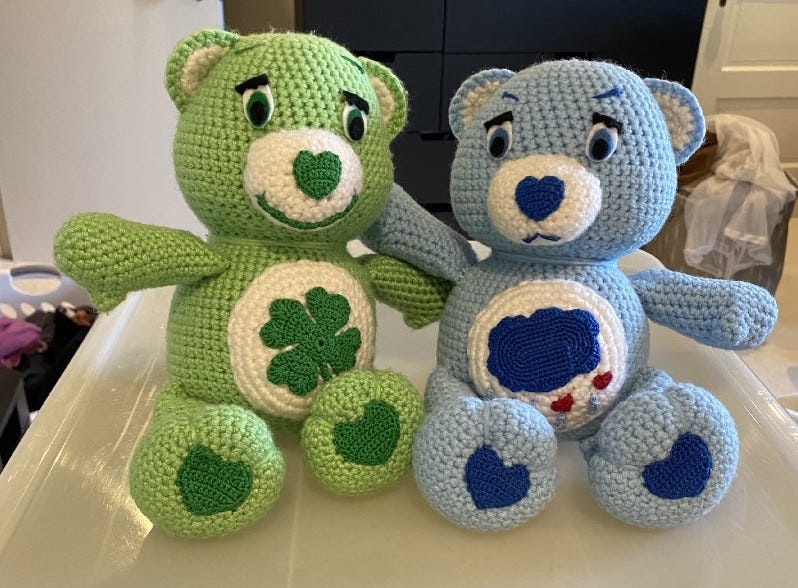 Completed crochet Care Bears ready for shipping