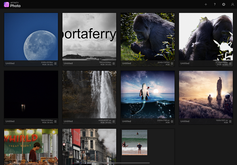 Affinity Photo's photo management interface