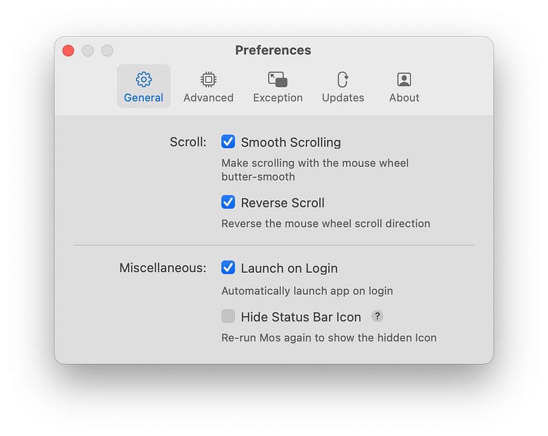 Mos app for mouse scrolling preferences