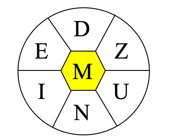 Spelling Bee letters D, E, I, N, U, Z, and M