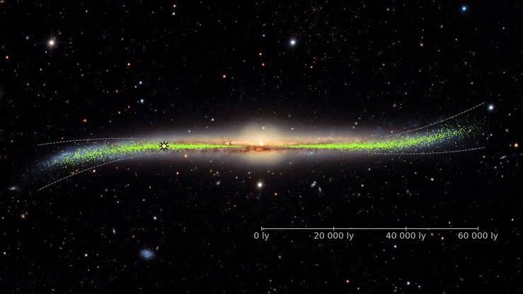 An illustration showing gravitational interactions between galaxies.