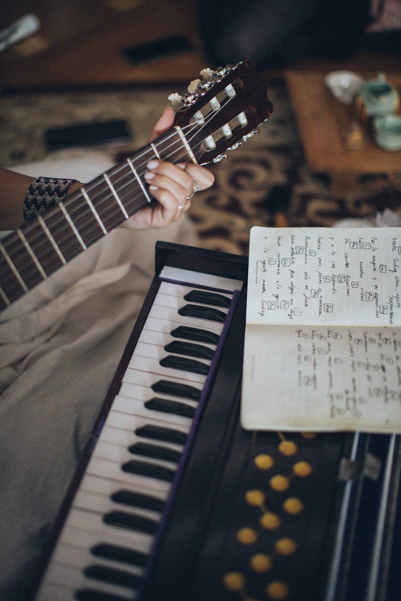 Person playing guitar with musical notes