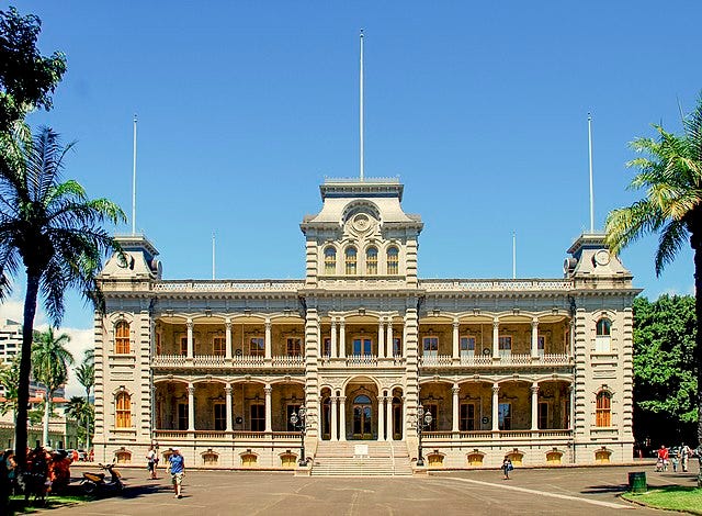 A historical representation of Iolani Palace, a symbol of Hawaiian heritage