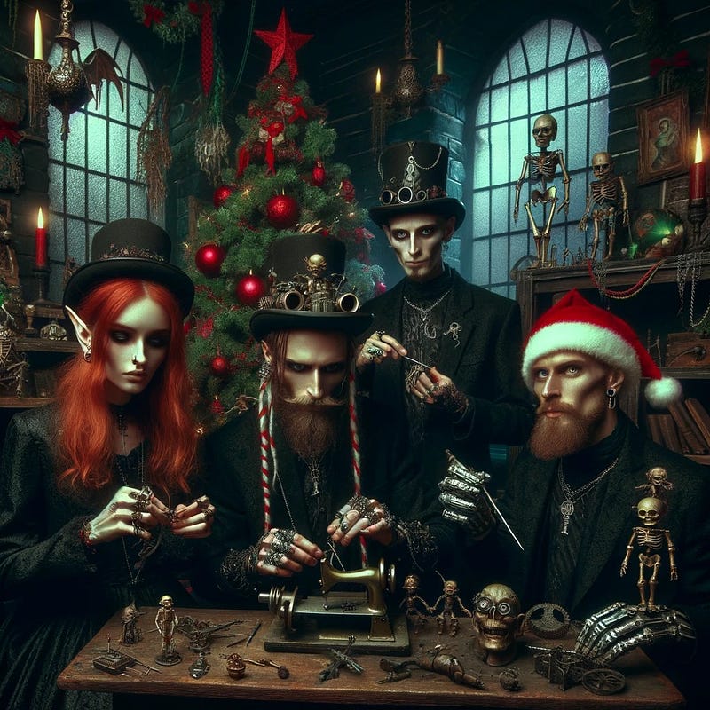 Elves creating unusual toys in a dark workshop