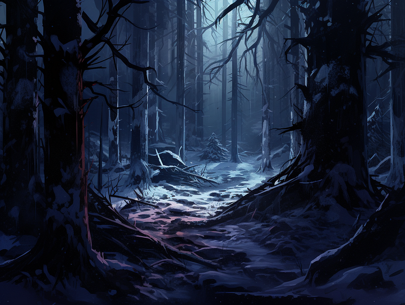 Snow-covered forest with whispering shadows