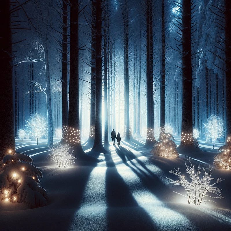 Winter forest with shadowy figures and lights