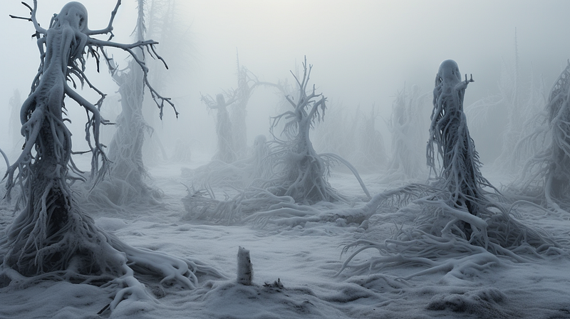 Icy landscape with twisted trees and dancing figures