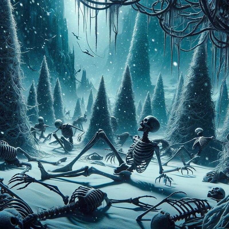 Chilling landscape with skeletal figures dancing